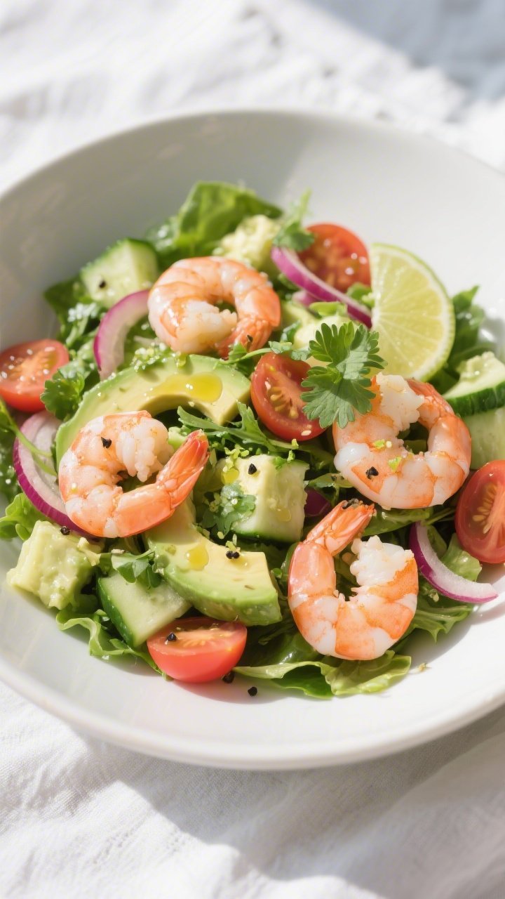 Tasty top view: Overhead shot of Keto Shrimp and Avocado Salad in a wide shallow white bowl—mixed 