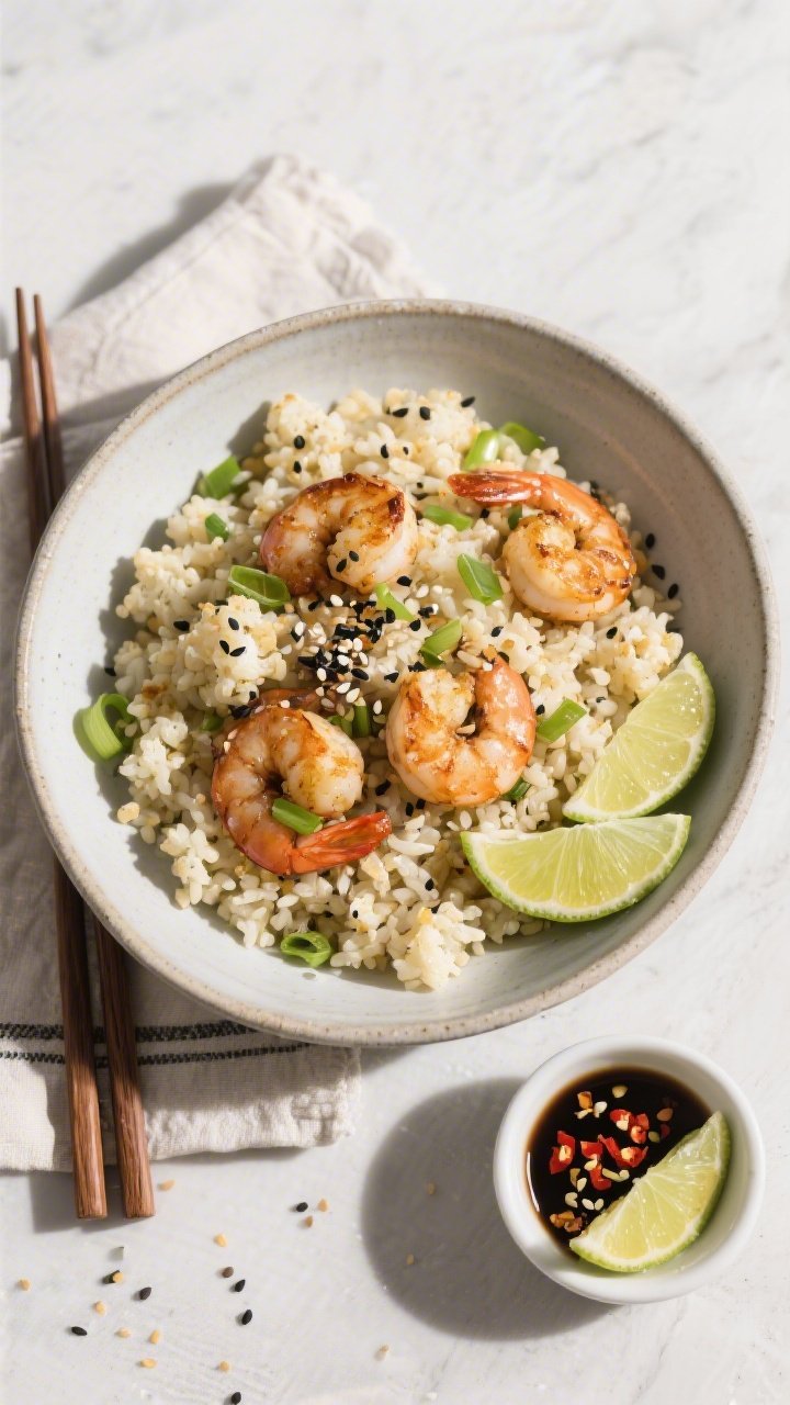 Tasty top view: Overhead shot of keto shrimp fried cauliflower rice in a wide, matte ceramic bowl, s