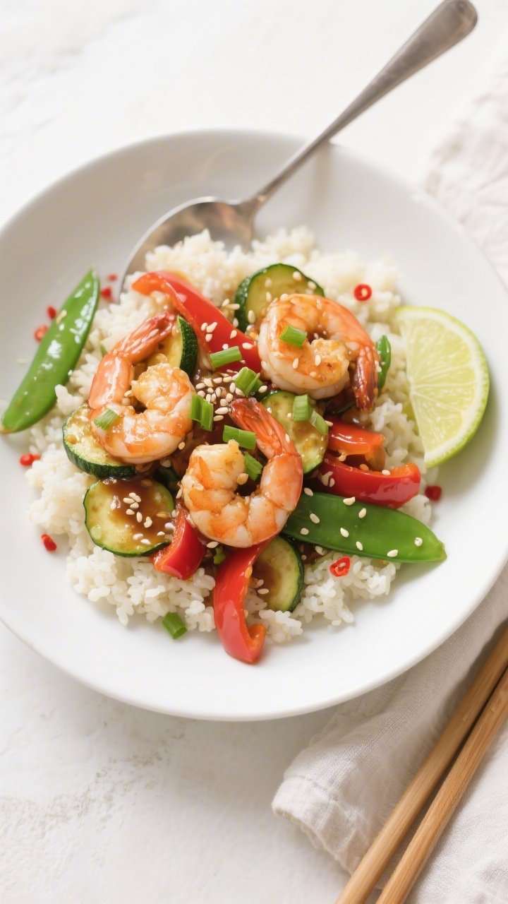 Tasty top view: Overhead shot of keto shrimp stir fry spooned over fluffy cauliflower rice in a wide