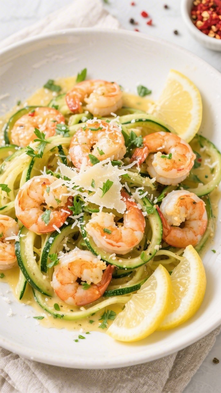 Tasty top view: Overhead shot of keto zucchini shrimp scampi tossed with crisp-tender zoodles, evenl
