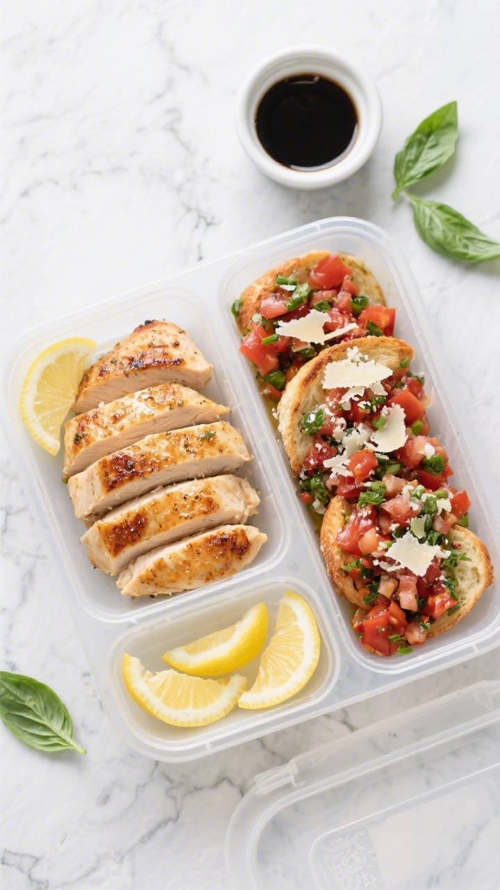 Tasty top view: Overhead shot of meal-prep containers featuring the cooked, evenly browned chicken b