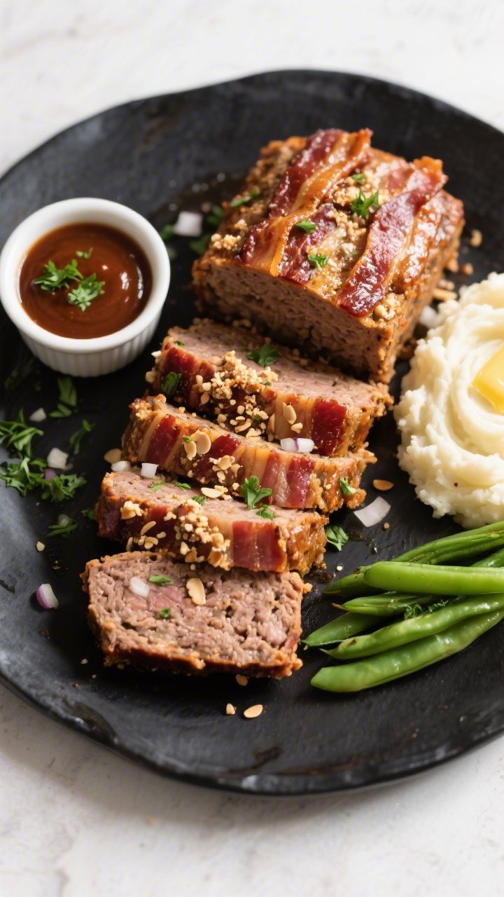 Tasty top view: Overhead shot of sliced Keto BBQ Bacon Meatloaf arranged on a matte black platter, c