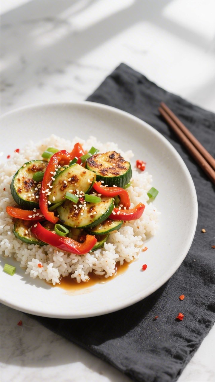 Tasty top view: Overhead shot of Spicy Keto Zucchini Stir Fry served over fluffy cauliflower rice in