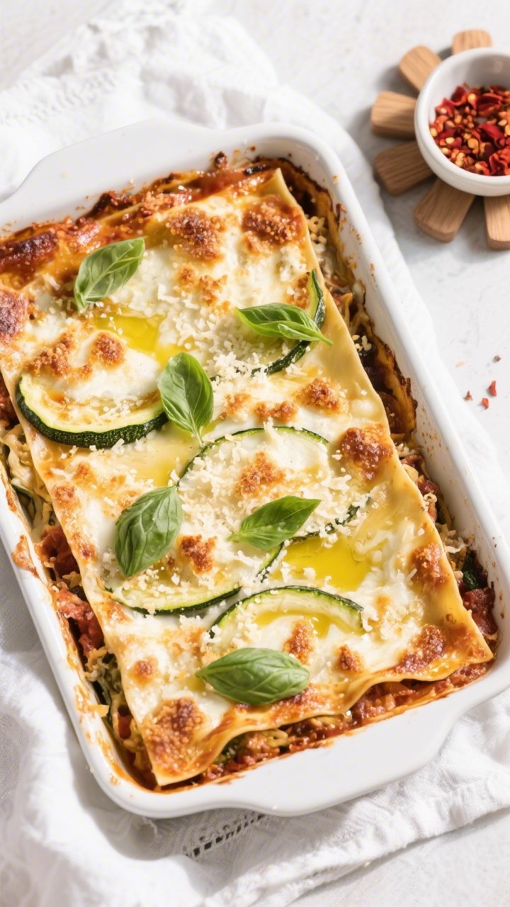 Tasty top view: Overhead shot of the assembled keto zucchini lasagna in a 9x13 baking dish right aft
