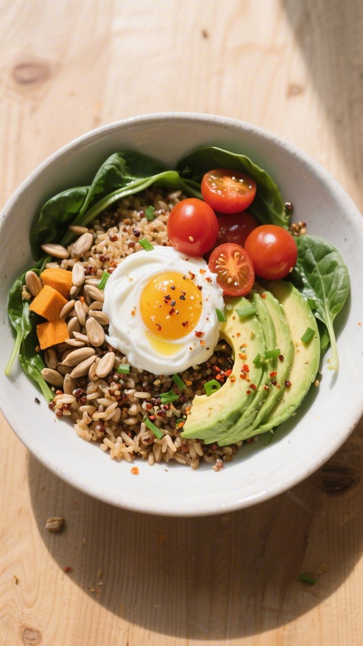 Tasty top view: Overhead shot of the assembled Lazy Breakfast Bowl featuring a warm base of fluffy q