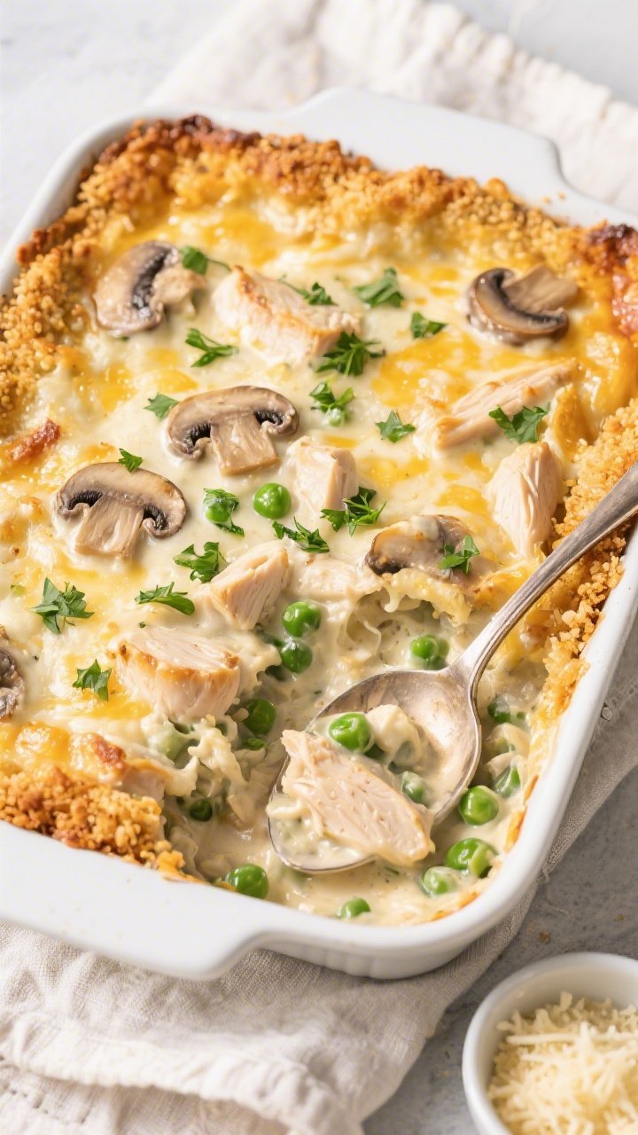 Tasty top view: Overhead shot of the baked Creamy Mushroom & Chicken Casserole in a 9x13 dish, bubbl