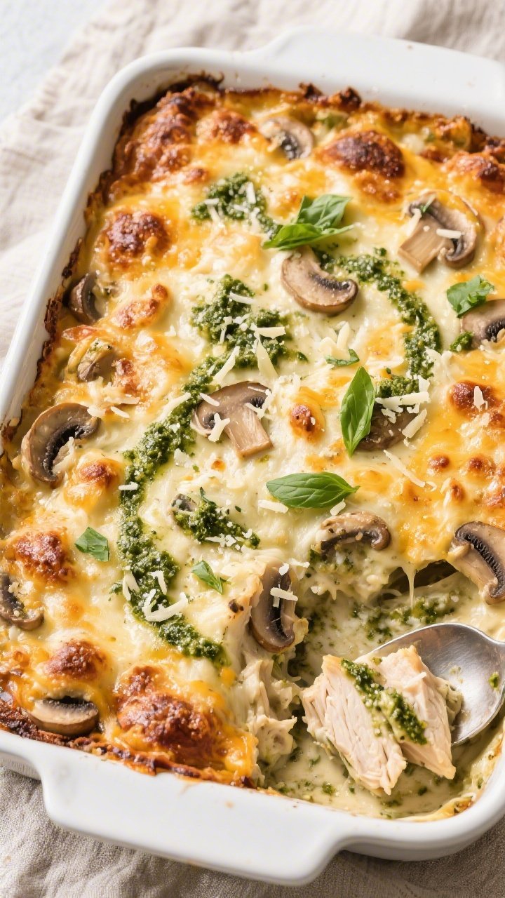 Tasty top view: Overhead shot of the baked Keto Cheesy Pesto Chicken & Mushroom Casserole in a 9x13