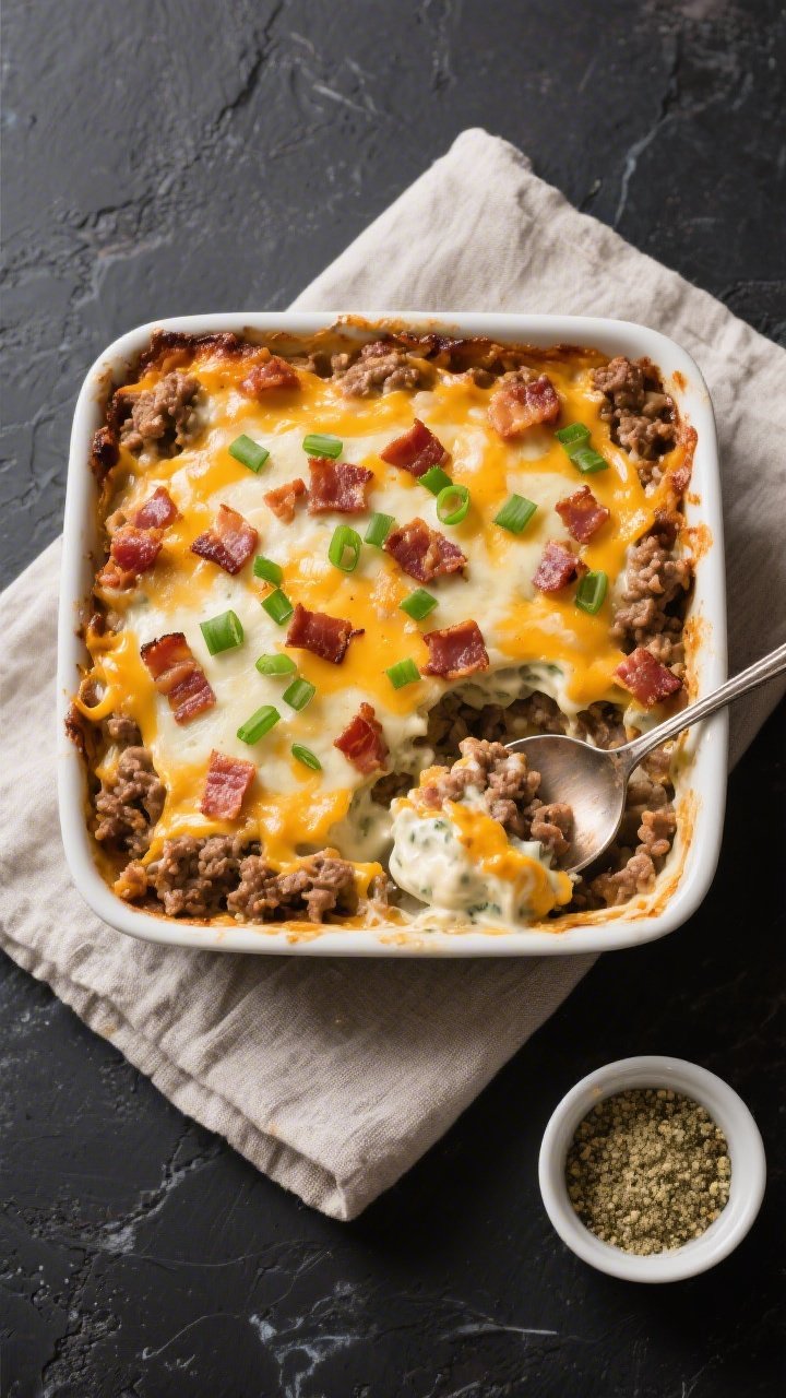Tasty top view: Overhead shot of the baked Keto Ground Beef Bacon Ranch Casserole in a 9x9 dish, che
