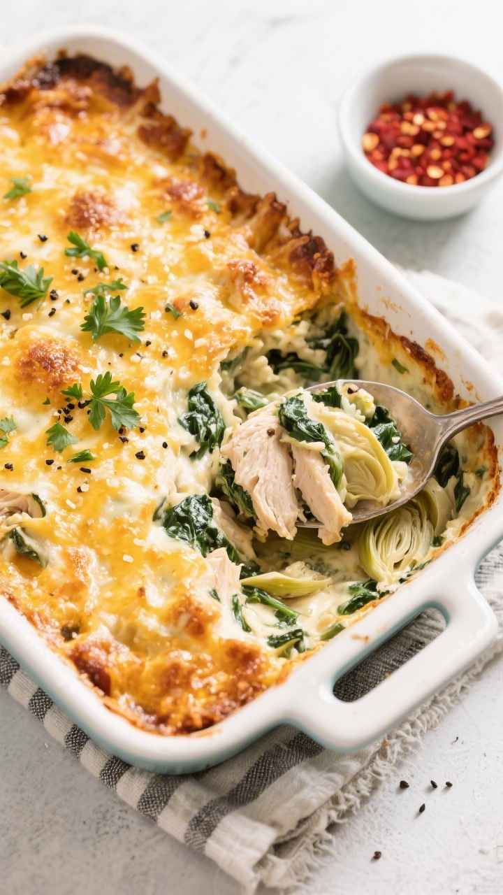 Tasty top view: Overhead shot of the baked Keto Spinach Artichoke Chicken Casserole in a 9x13 cerami