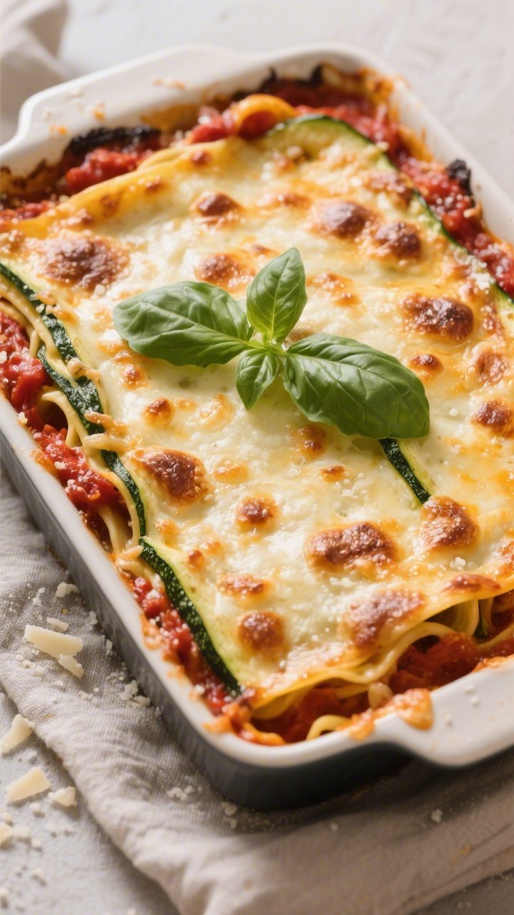 Tasty top view: Overhead shot of the baked Keto Zucchini Lasagna just out of the oven—cheese toppi