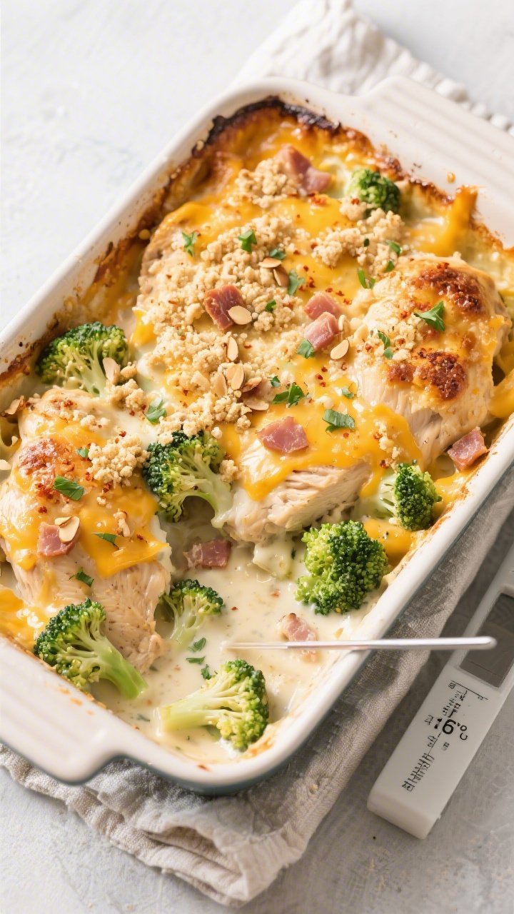 Tasty top view: Overhead shot of the baked Low Carb Broccoli Cheddar Chicken Bake straight from the 