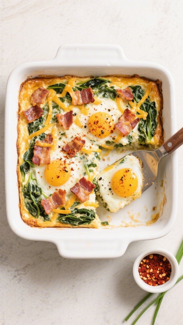 Tasty top view: Overhead shot of the baked Spinach, Bacon & Egg Keto Bake in a 9x9-inch white cerami