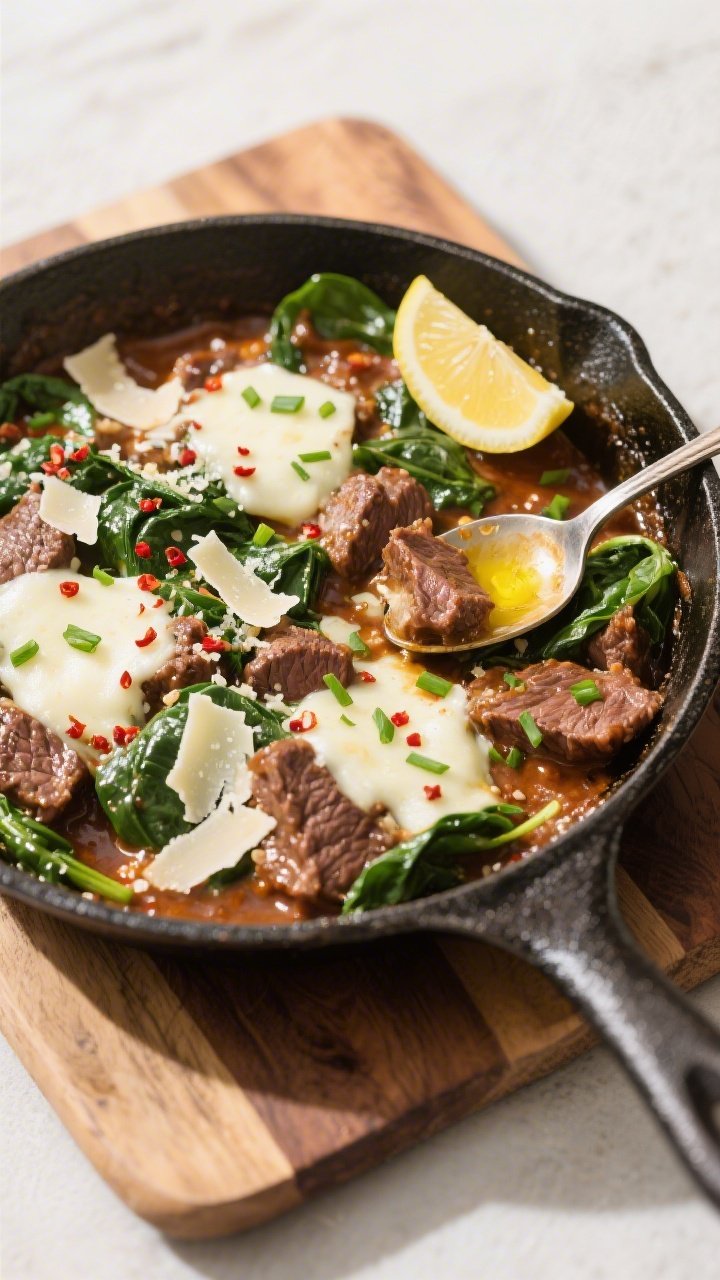 Tasty top view: Overhead shot of the completed one-pan skillet on a wooden board, showcasing an even