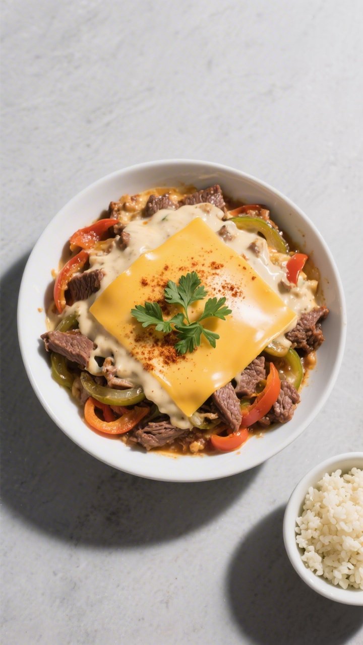 Tasty top view: Overhead shot of the final plated Keto Philly Cheesesteak Casserole served in a shal