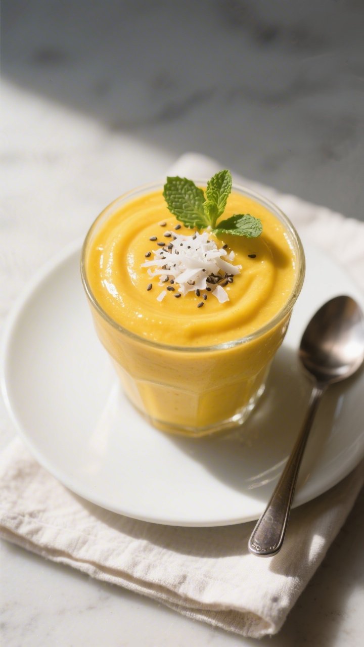 Tasty top view: Overhead shot of the final smoothie in a wide tumbler, thick and velvety with a glos
