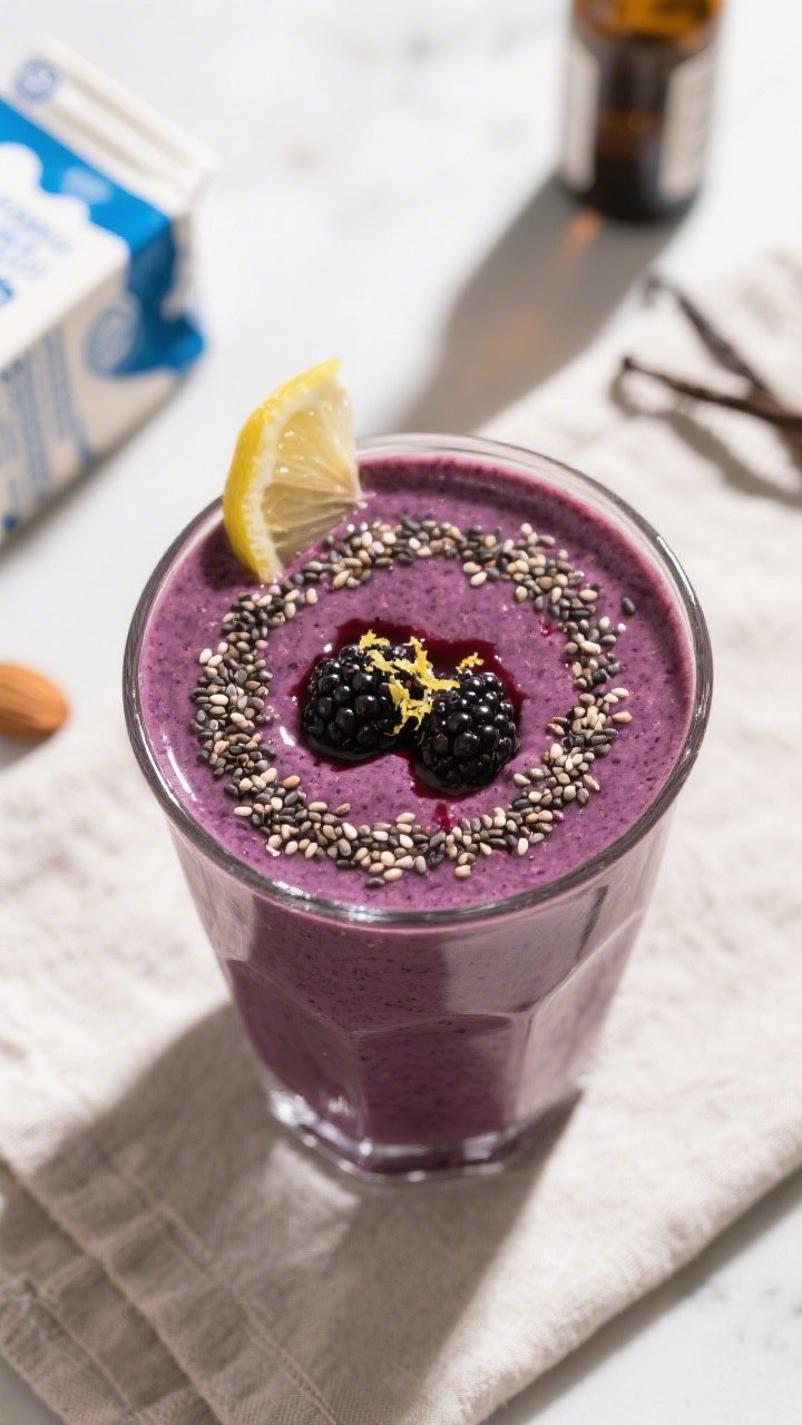 Tasty top view: Overhead shot of the finished Blackberry Vanilla Keto Protein Smoothie in a wide-mou