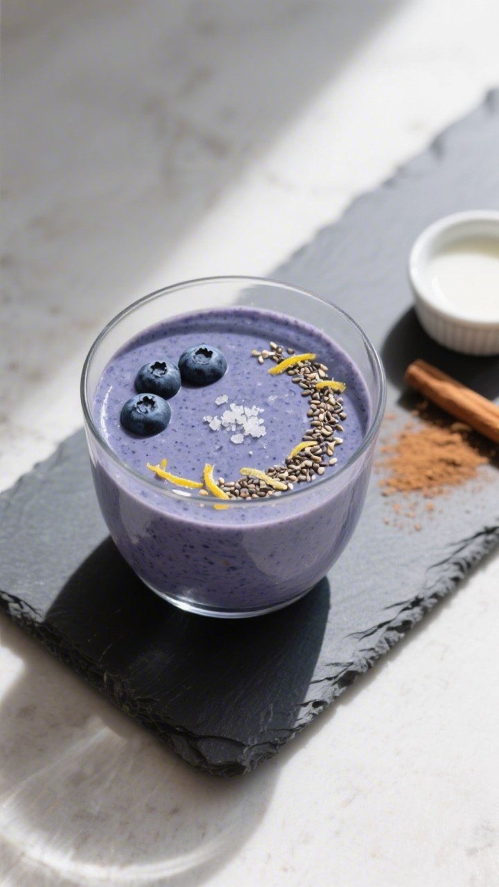 Tasty top view: Overhead shot of the finished blueberry keto protein smoothie served in a wide, low 