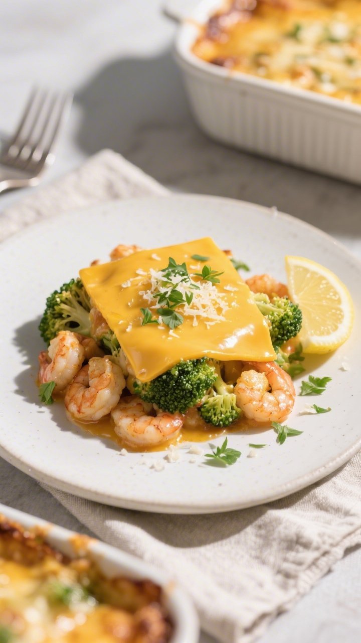 Tasty top view: Overhead shot of the finished casserole portioned onto a matte white plate—shrimp 