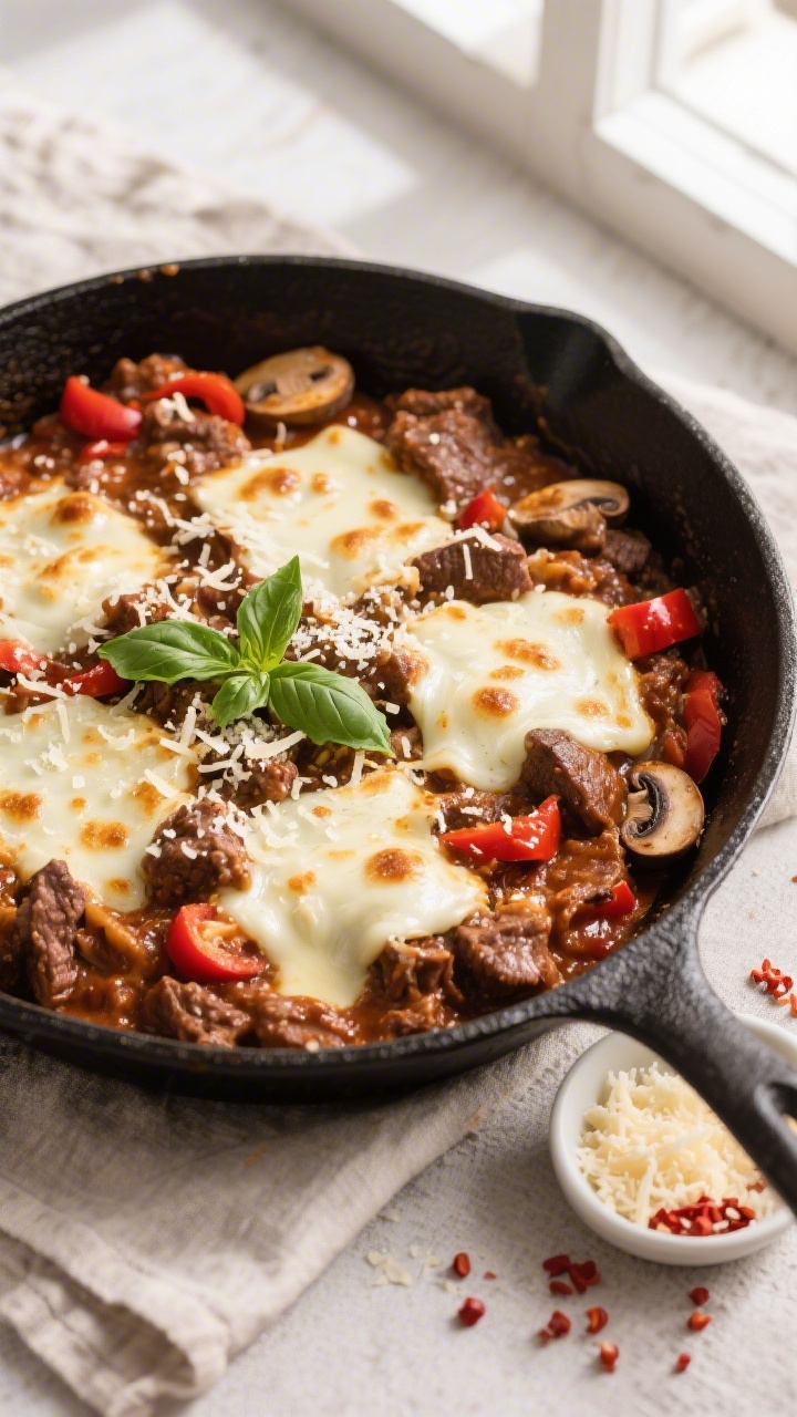 Tasty top view: Overhead shot of the finished Keto Italian Beef Skillet, cheese-melt moment captured