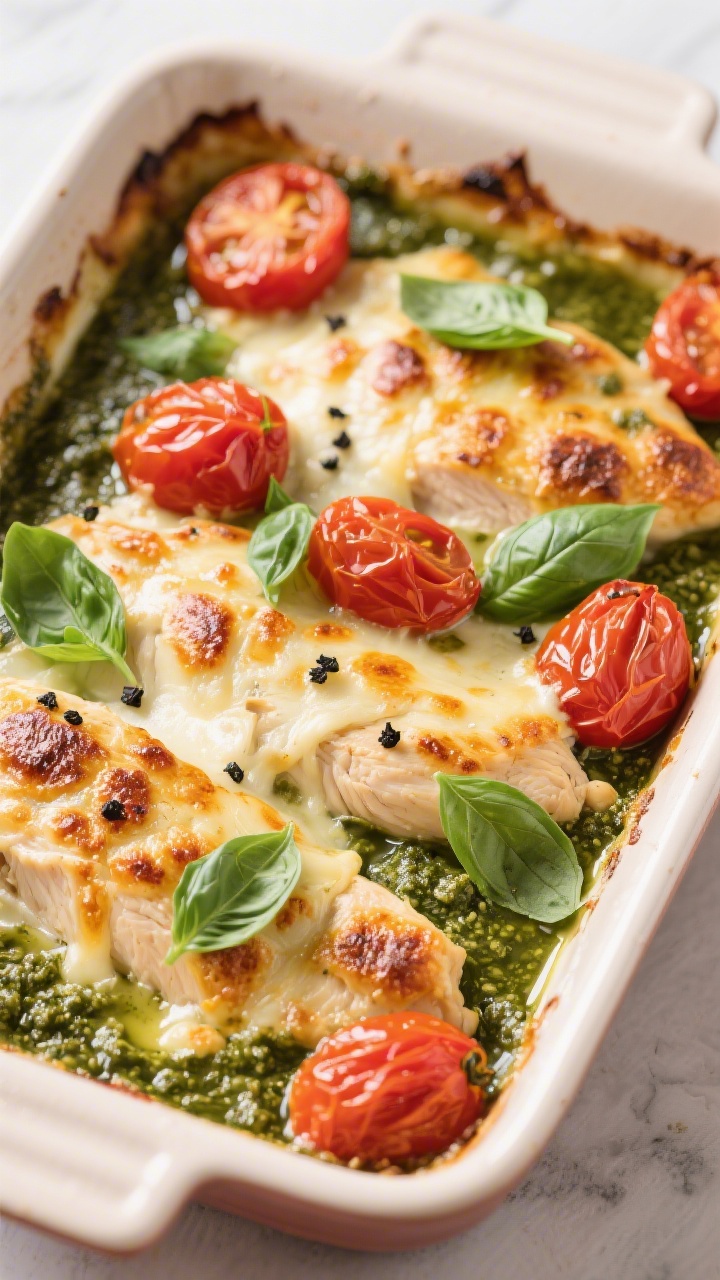 Tasty top view: Overhead shot of the finished Keto Chicken Pesto Bake straight from the oven—chees