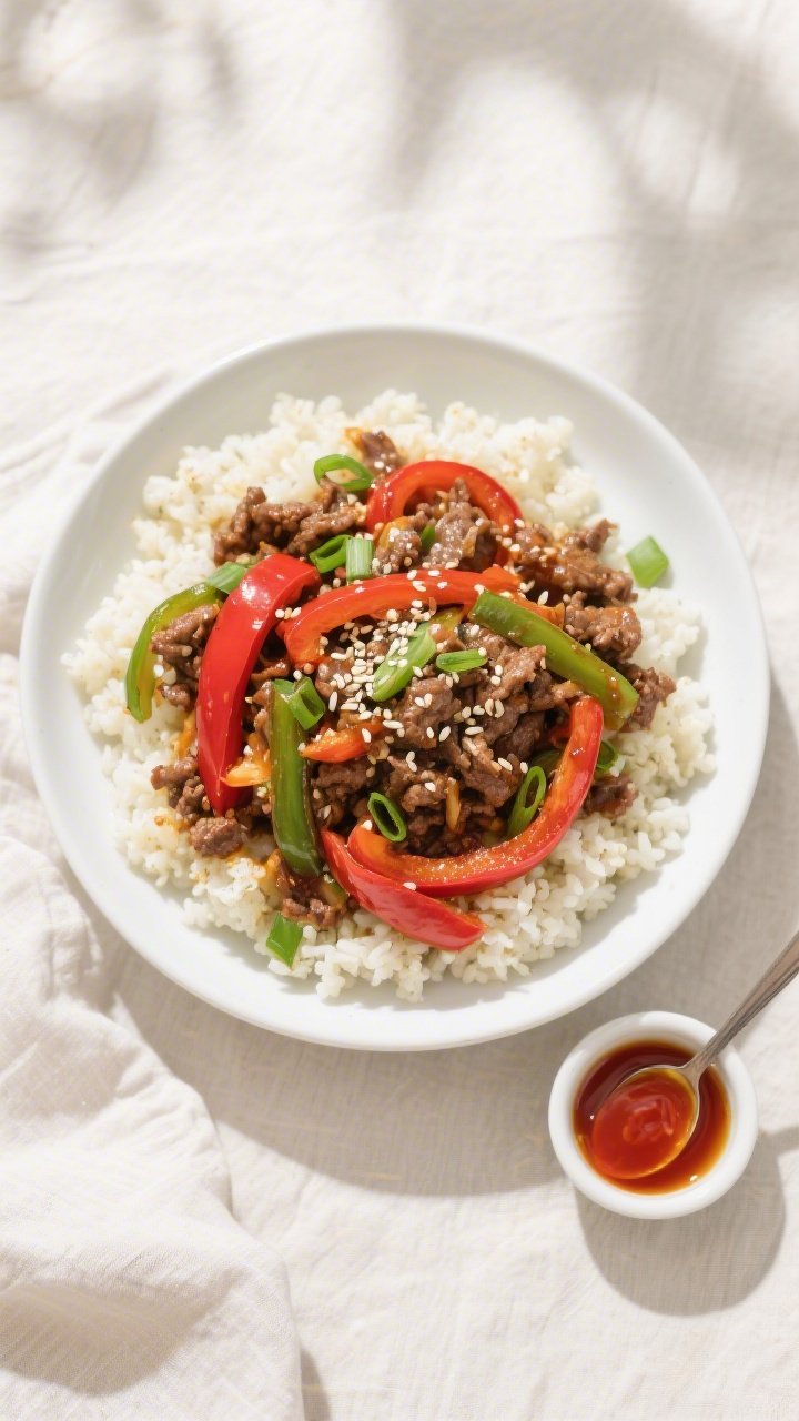 Tasty top view: Overhead shot of the finished keto ground beef stir fry served over fluffy cauliflow