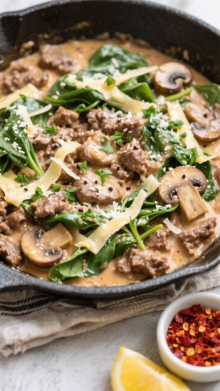 Tasty top view: Overhead shot of the finished Keto Ground Beef Mushroom Skillet, creamy, glossy garl