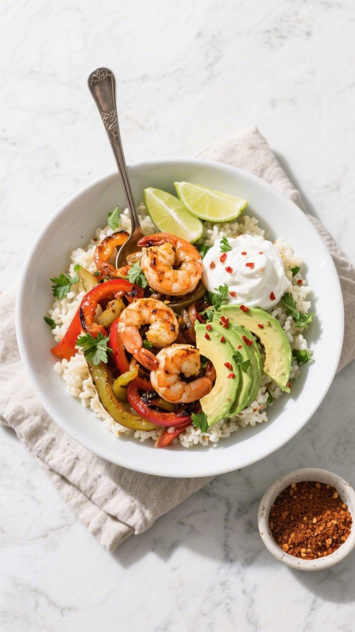 Tasty top view: Overhead shot of the finished Keto Shrimp Fajita Skillet spooned over fluffy caulifl