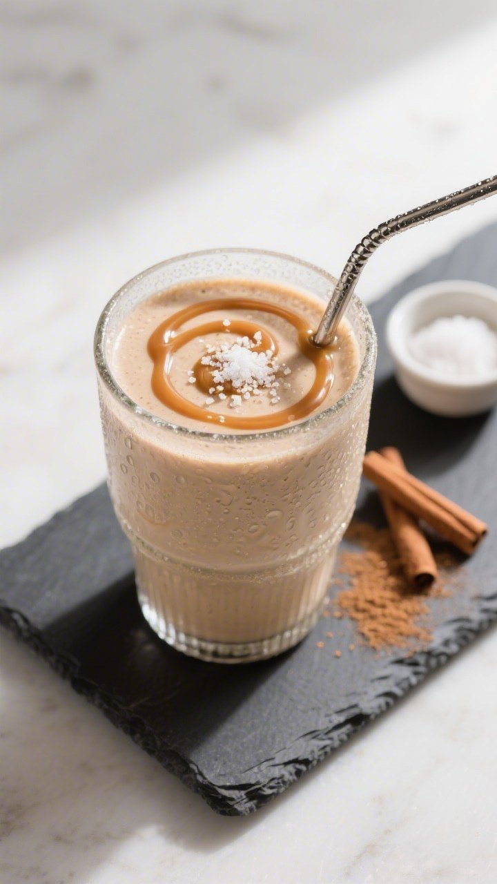 Tasty top view: Overhead shot of the finished keto salted caramel protein smoothie in a frosted tumb