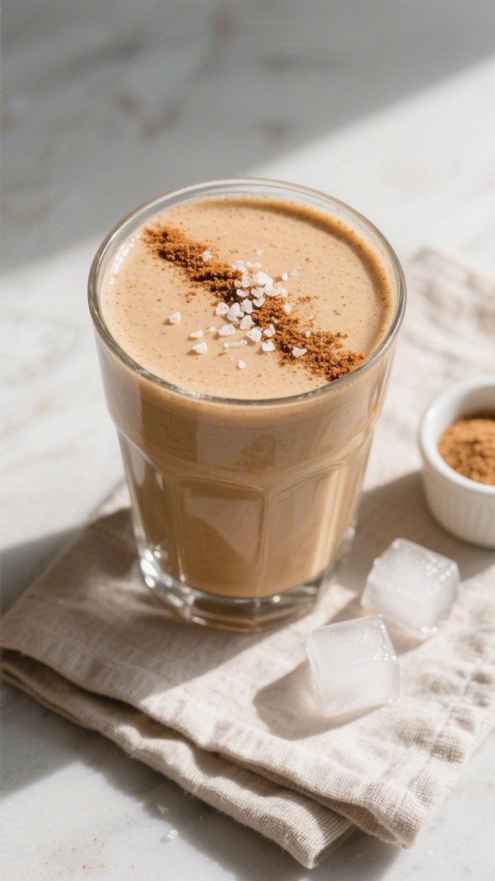 Tasty top view: Overhead shot of the finished Keto Coffee Protein Smoothie in a clear highball glass