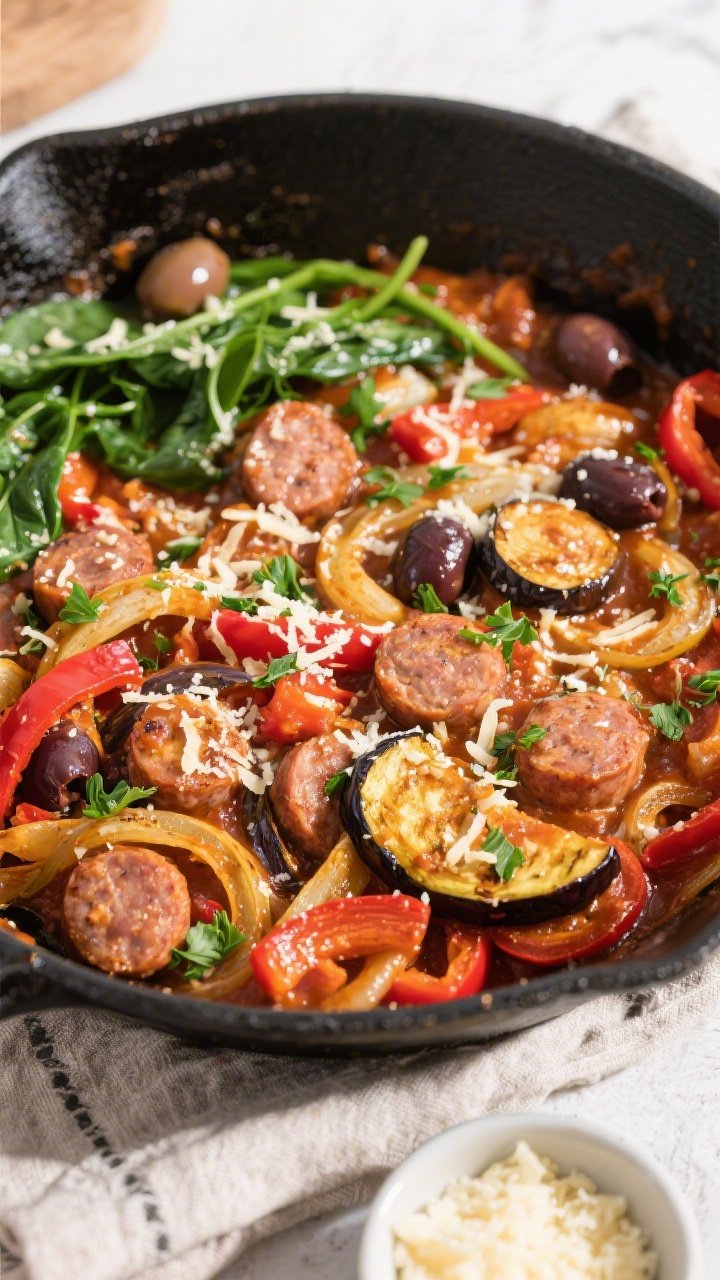 Tasty top view: Overhead shot of the finished Keto Sausage Eggplant Skillet served family-style in a