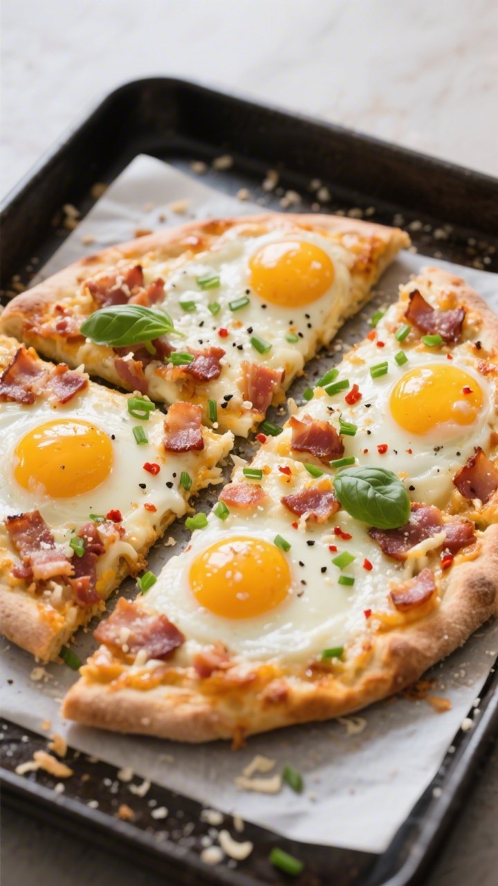 Tasty top view: Overhead shot of the finished Keto Breakfast Pizza with four just-set eggs (glossy w