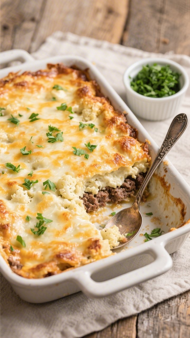 Tasty top view: Overhead shot of the finished keto casserole in a 9x13 baking dish, evenly melted ch
