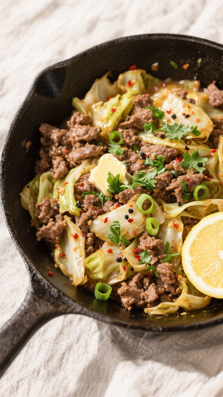 Tasty top view: Overhead shot of the finished One-Pan Keto Ground Beef & Cabbage in the skillet, eve