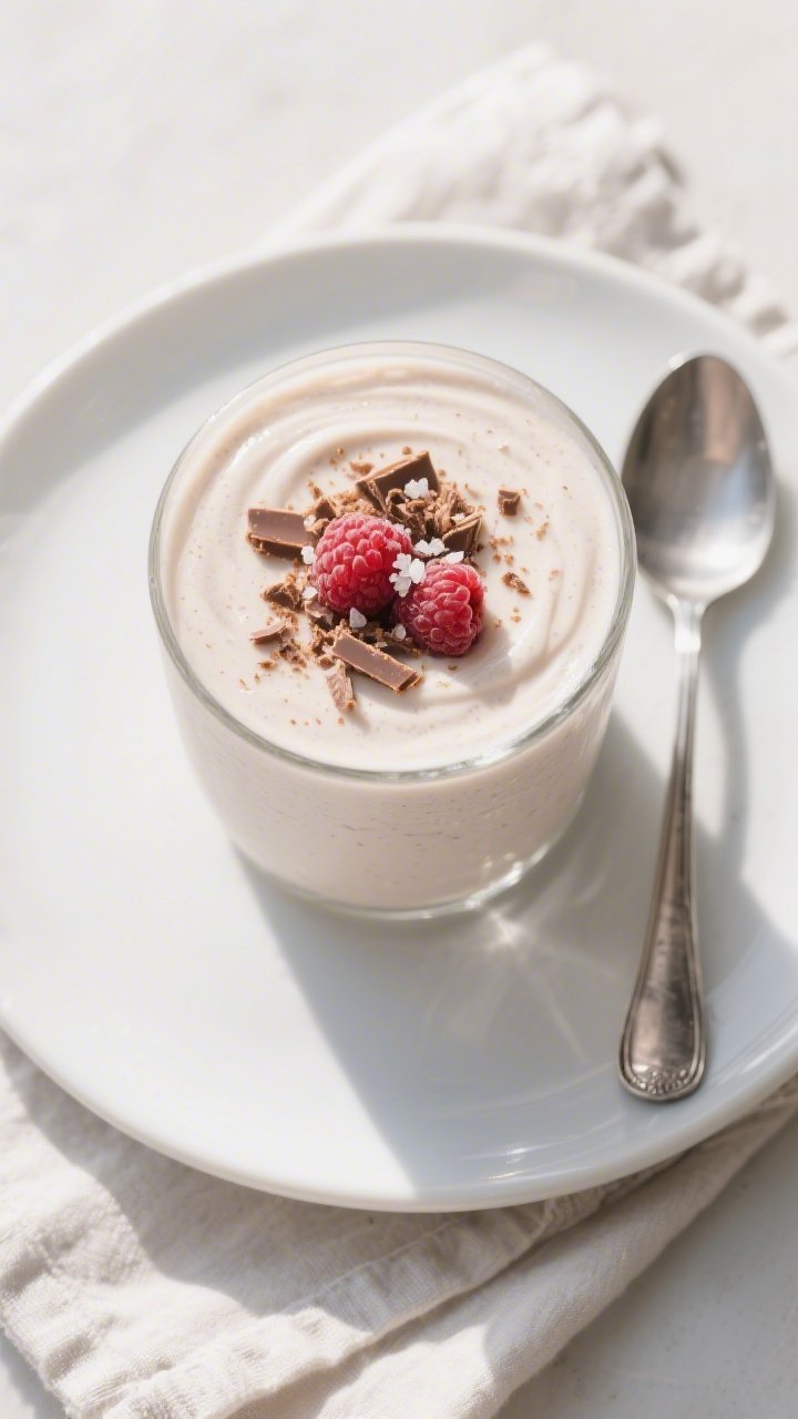 Tasty top view: Overhead shot of the finished Raspberry White Chocolate Keto Protein Smoothie in a w