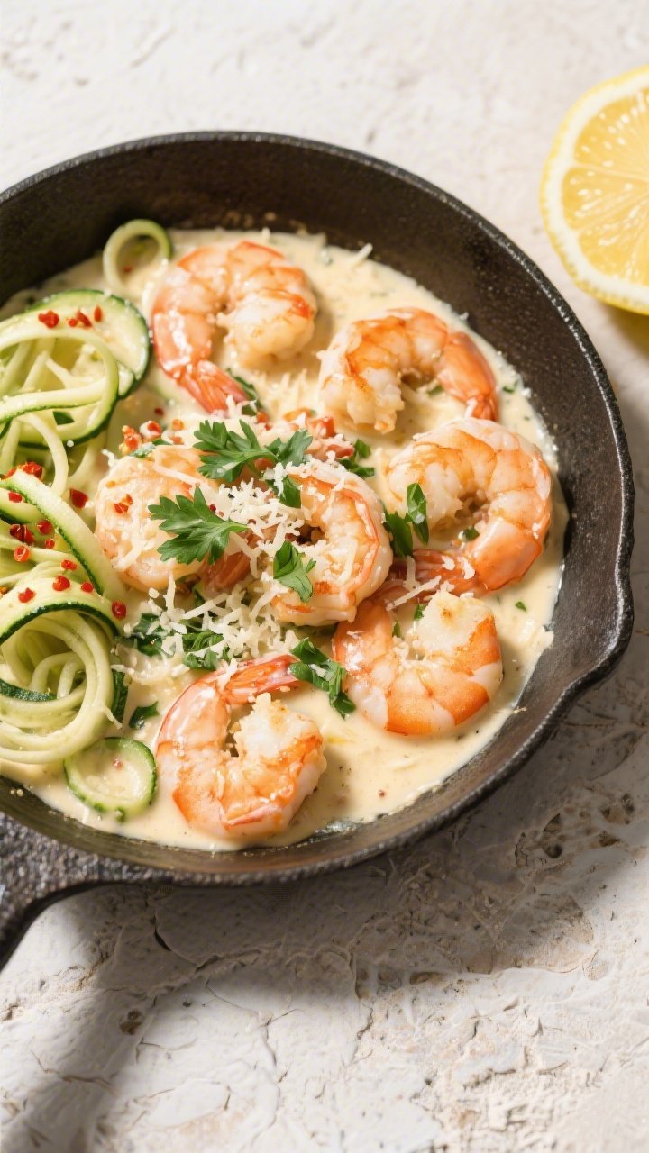 Tasty top view: Overhead shot of the finished shrimp in the skillet, sauce gently pooled and clingin