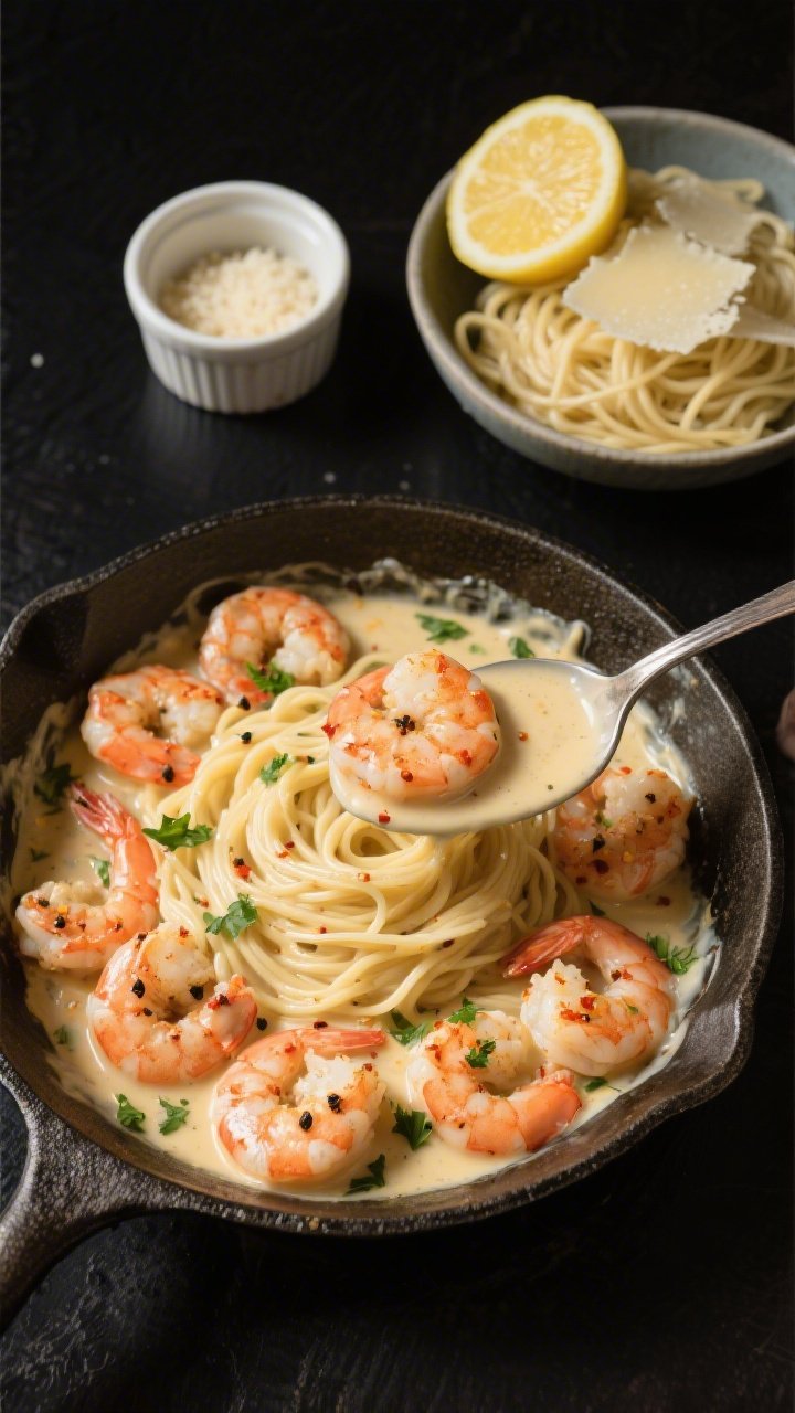 Tasty top view: Overhead shot of the finished skillet filled with shrimp in velvety Alfredo, a spoon