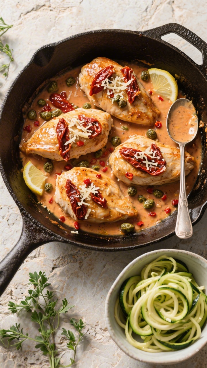 Tasty top view: Overhead shot of the finished skillet family-style—four cooked chicken breasts coa