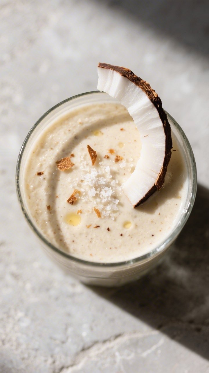 Tasty top-view: Overhead shot of the finished smoothie in a wide-mouth glass, creamy surface studded