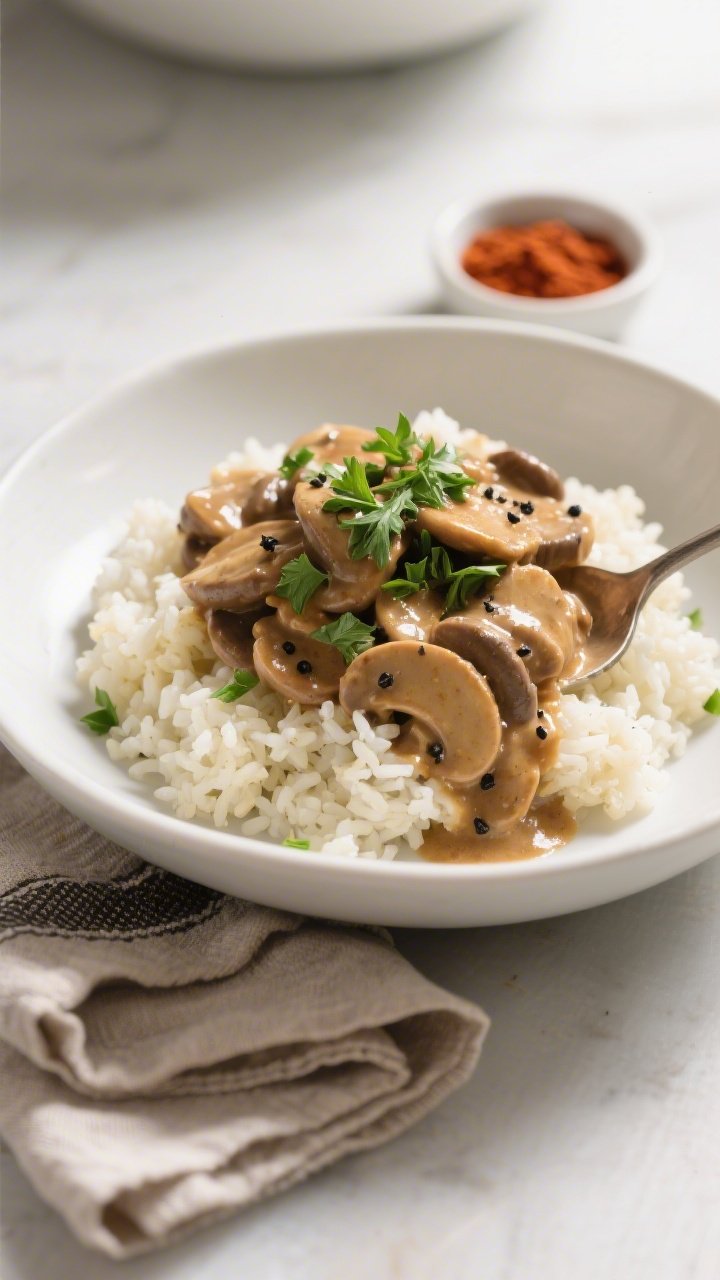 Tasty top view: Overhead shot of the finished stroganoff spooned over fluffy cauliflower rice in a m