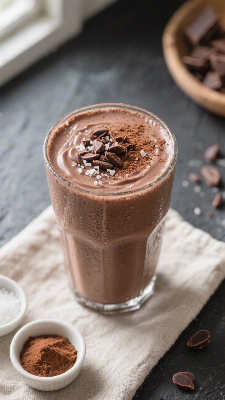 Tasty top view: Overhead shot of the finished Triple Chocolate Keto Protein Smoothie poured into a c