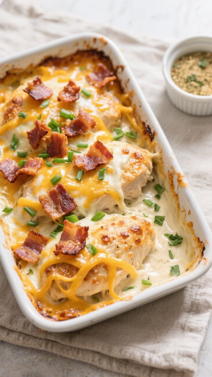 Tasty top view: Overhead shot of the Keto Cheesy Bacon Ranch Chicken Bake just out of the oven—che