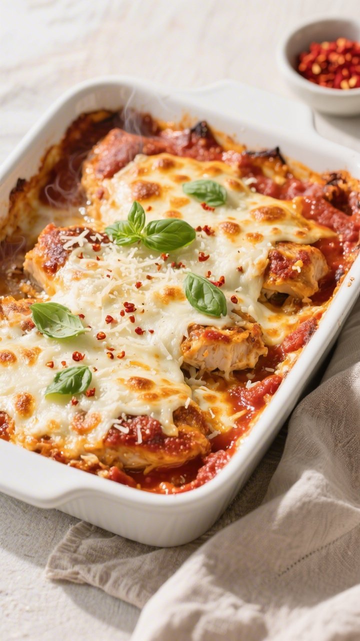 Tasty top view: Overhead shot of the Keto Chicken Parmesan Bake fresh from the oven in a 9x13 white 