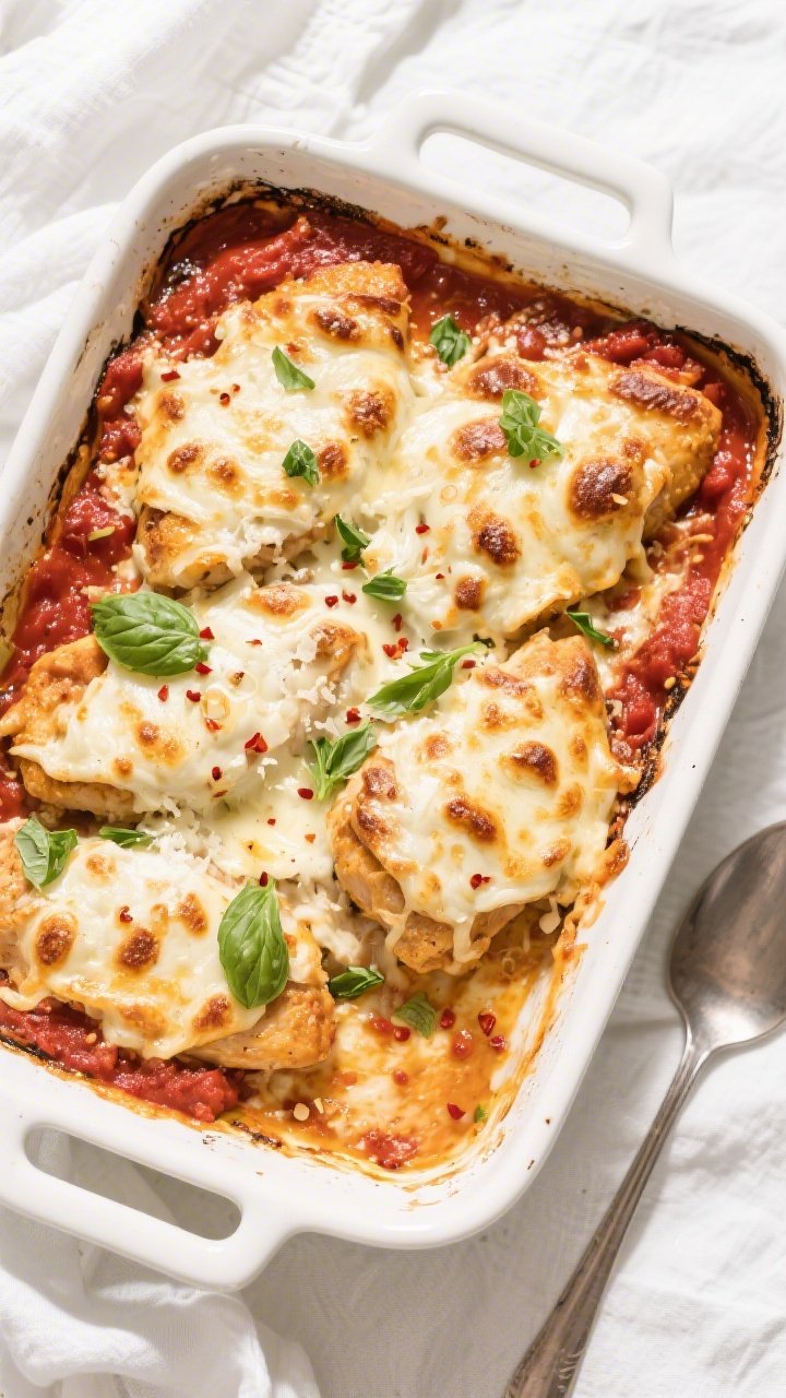 Tasty top view: Overhead shot of the Keto Chicken Parmesan Bake just out of the oven in a 9x13 white