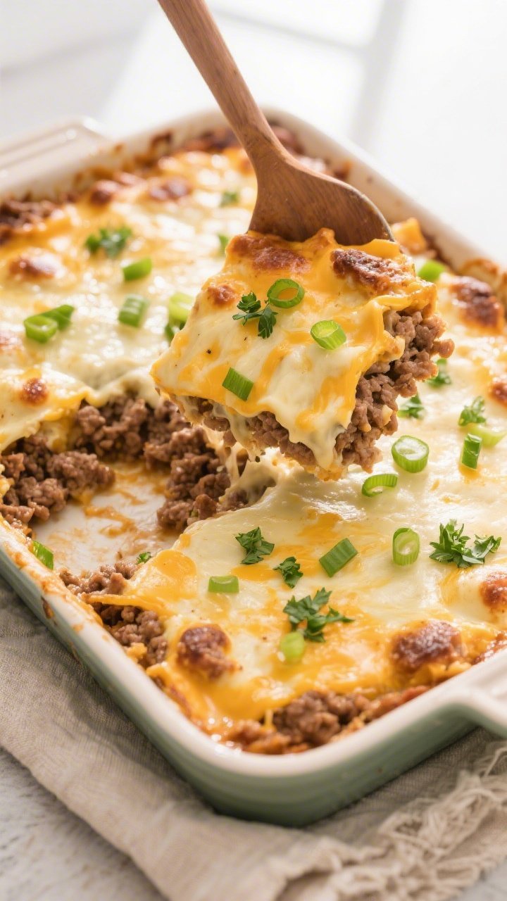 Tasty top view: Overhead shot of the Keto Ground Beef Ranch Casserole just out of the oven in a 9x13