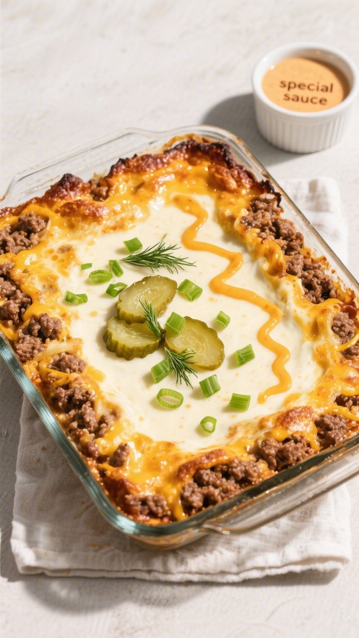 Tasty top view: Overhead shot of the Keto Ground Beef Cheeseburger Casserole fresh from the oven in