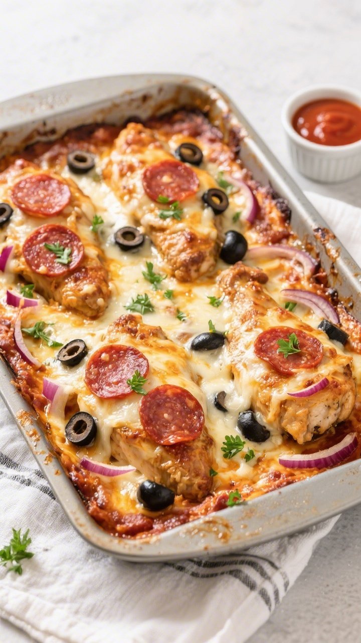 Tasty top view: Overhead shot of the Keto Pizza Chicken Bake in a 9x13 pan right after finishing in 