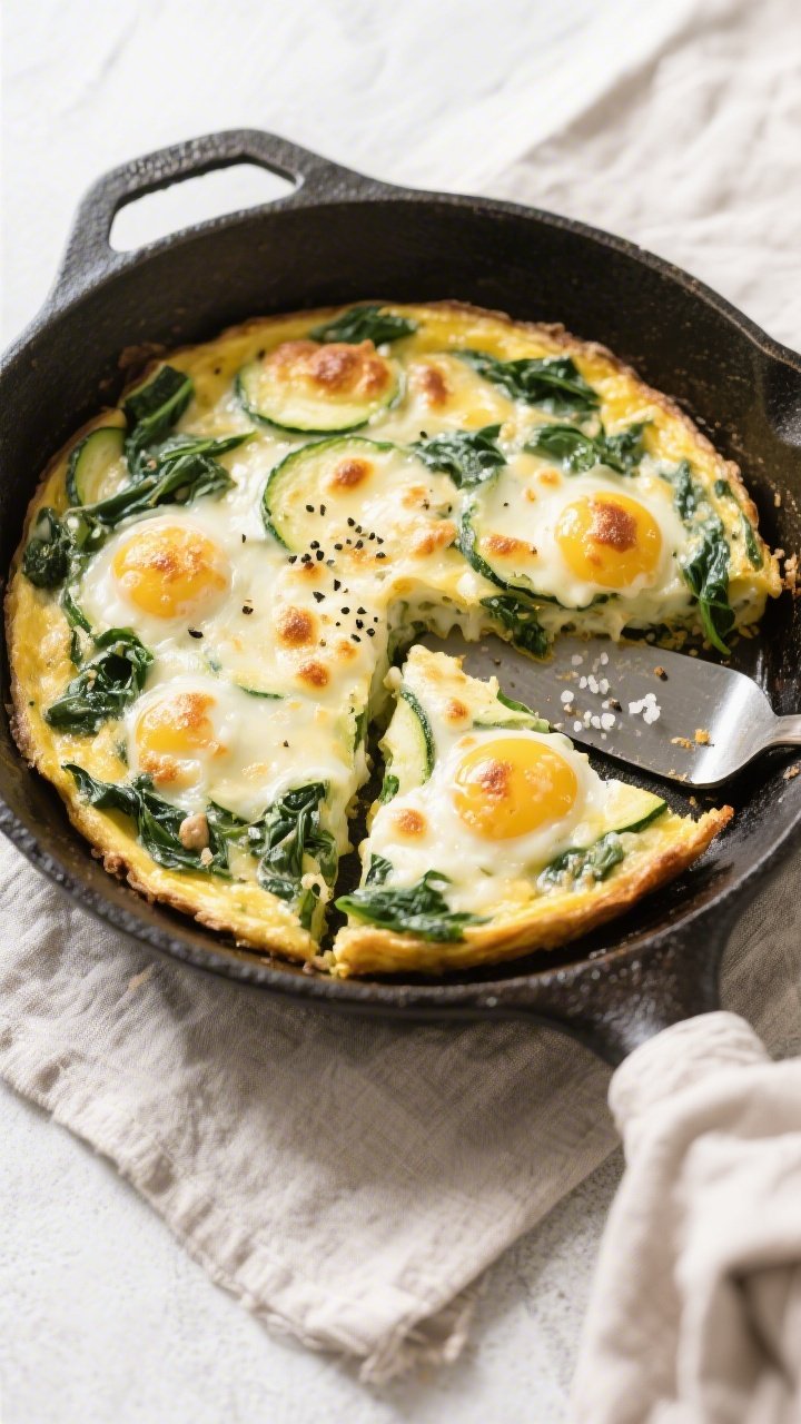 Tasty top view: Overhead shot of the keto zucchini spinach frittata just out of the oven in a 10-inc