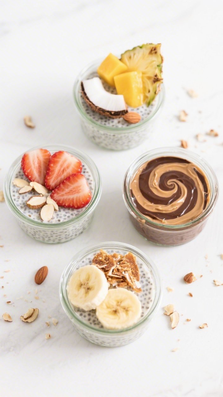 Tasty top view: Overhead shot of three single-serve jars of finished chia pudding, each a different 
