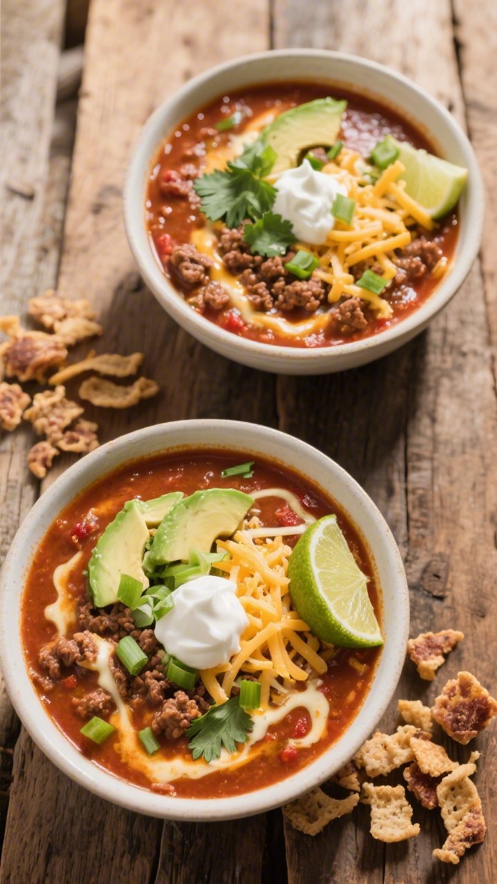 Tasty top view: Overhead shot of two bowls of Keto Ground Beef Taco Soup on a rustic wooden table, t
