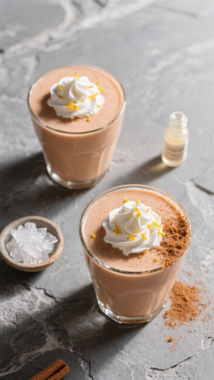 Tasty top view: Overhead shot of two glasses of the finished smoothie on a cool gray stone surface, 
